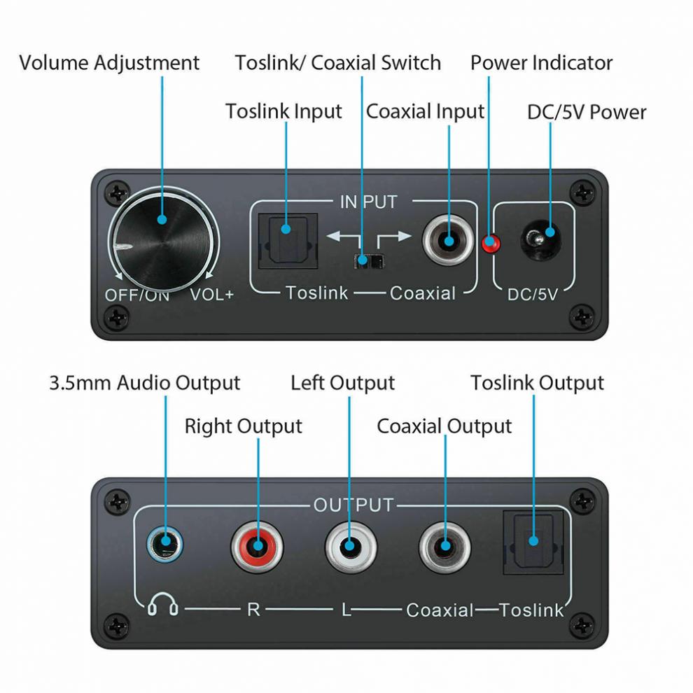 192kHz HiFi Digital Optical Coaxial to Toslink Analog RCA L/R 3.5mm Jack Audio Converters