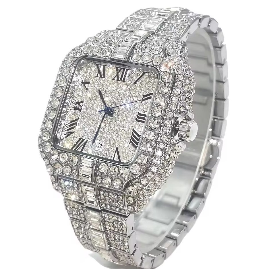 Luksuriøst guldur til mænd i rustfrit stål quartz armbåndsur herre hiphop iced diamant firkantet ur reloj hombre