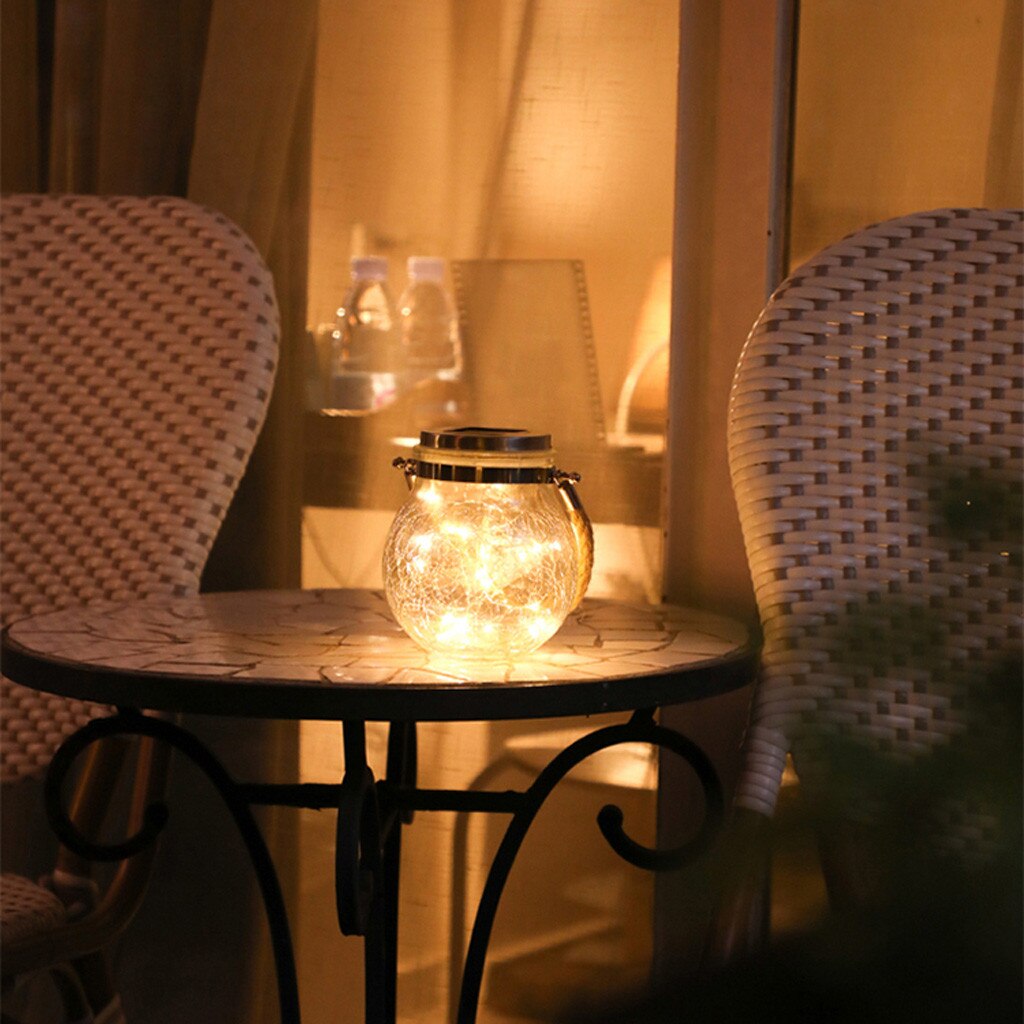 Zonne-energie buitenverlichting hangende lichtslinger met gebarsten glazen bol, landschap, patio, tuin, buitendecoratie, boomlamp