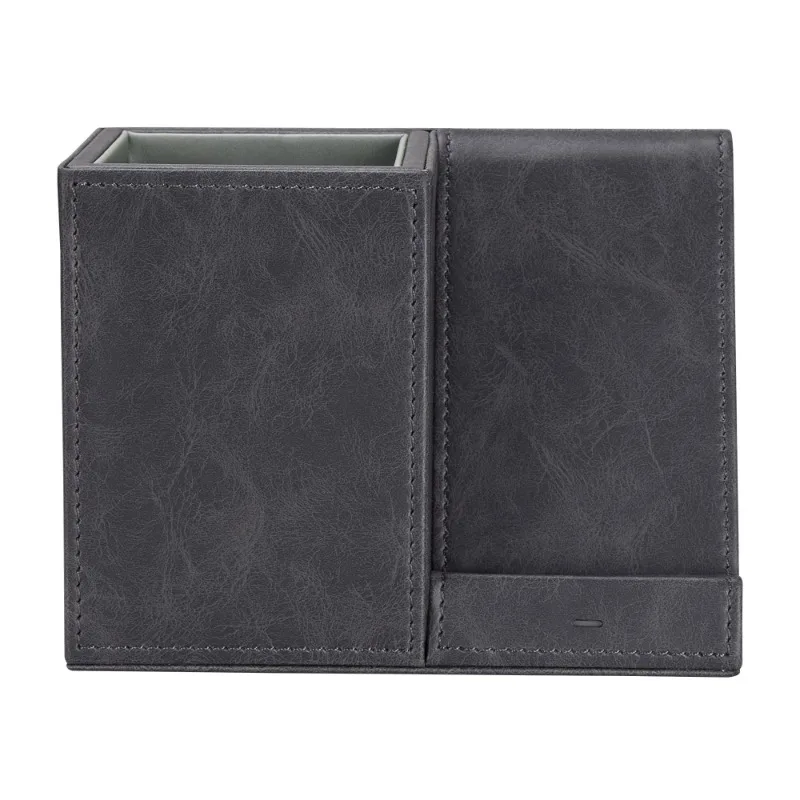 Leren pennenhouder voor op het bureau, draadloze oplaadstandaard voor je telefoon