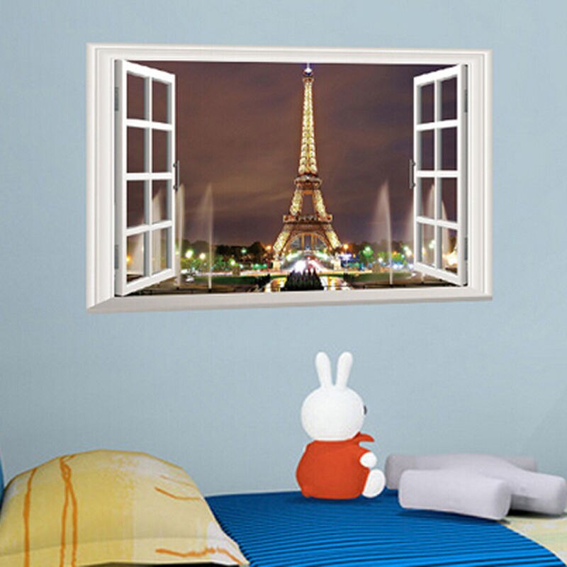 3D Window Paris Eiffel Tower Wall Sticker Art Vinyl Decal DIY Mural Home Decor