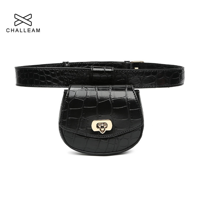 Women Crocodile Pattern Small PU Leather Waist Bag Female Heart Clasp Detachable Simple Mini Belt Bags Black Fanny Pack 389