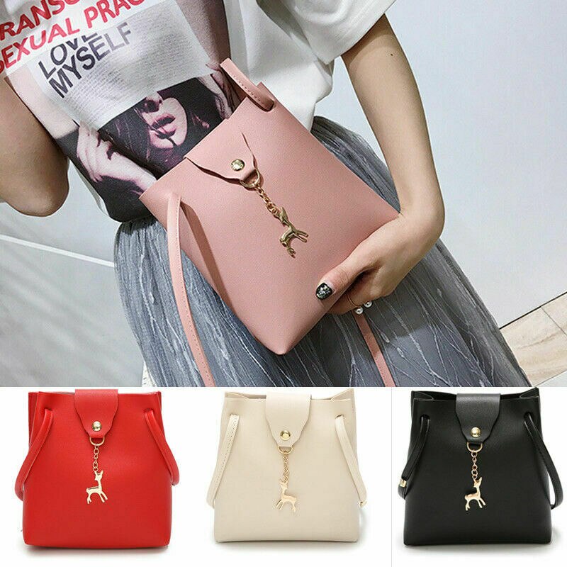 Women Ladies Leather Handbag Solid Hasp With Cute Pendant Shoulder Messenger Crossbody Bag Party Bag