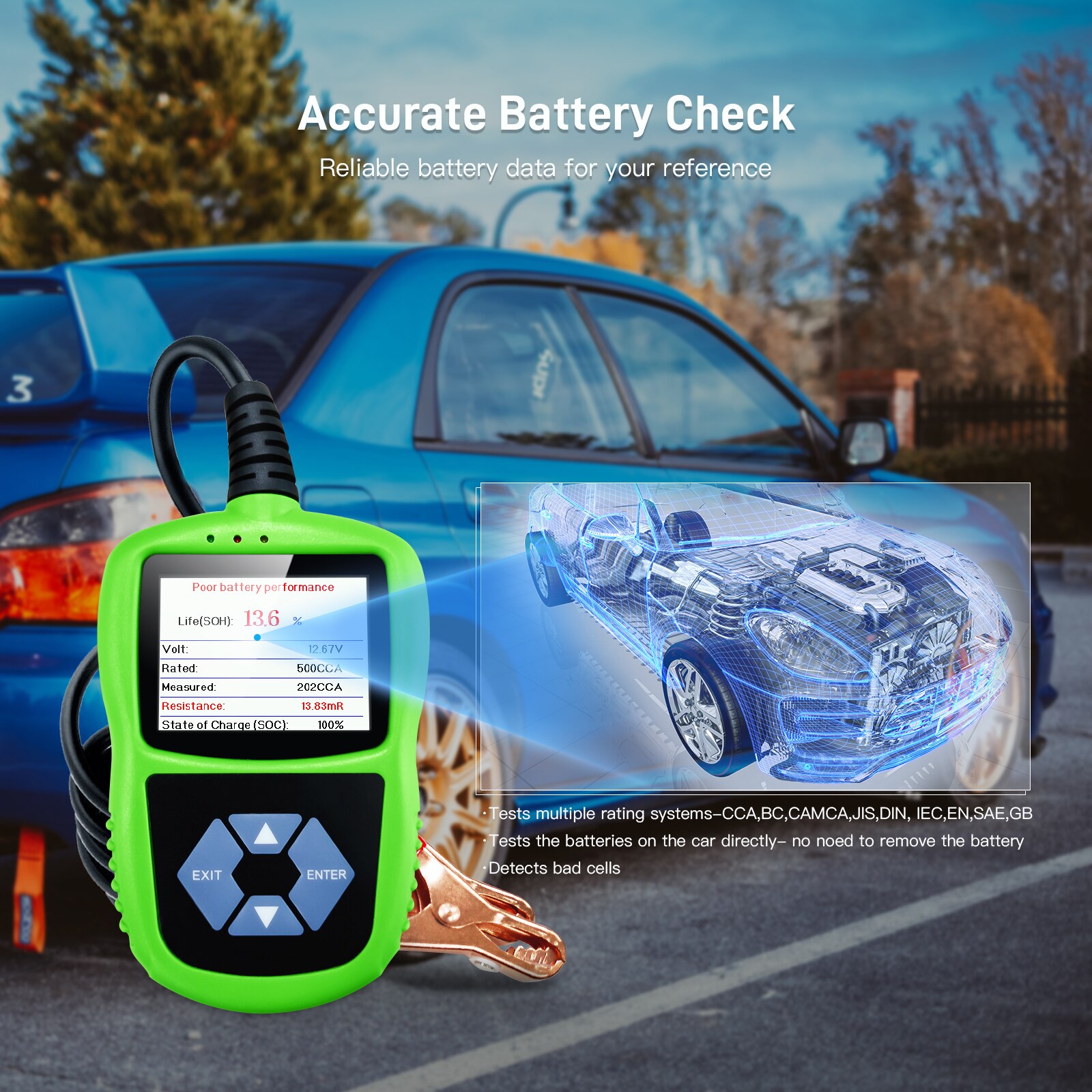 JDiag-probador de batería de motocicleta BT200 Pro PK KW650, Analizador de sistema de batería de 12V y 24V, herramientas de prueba de arranque de carga para coche