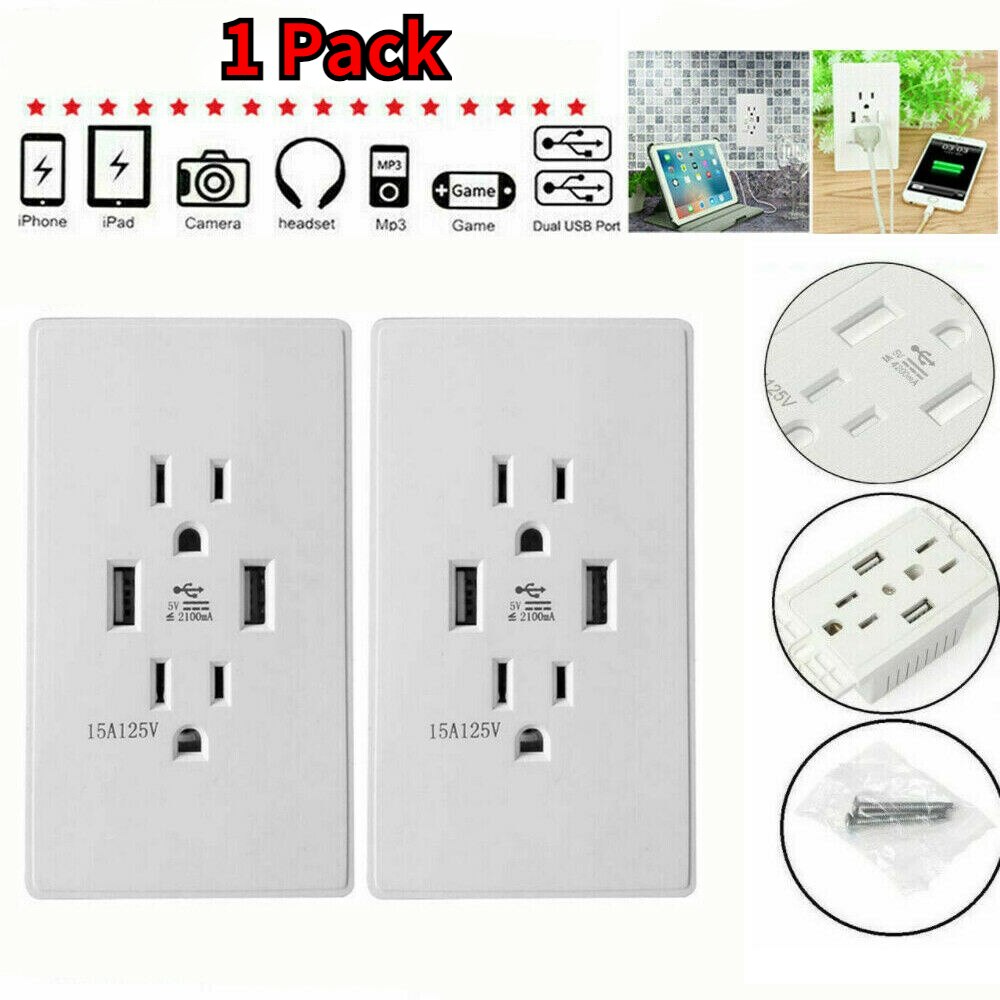 Tamper Resistant Outlet Receptacle 15A Wall Plate 1x USB Port Charger Socket