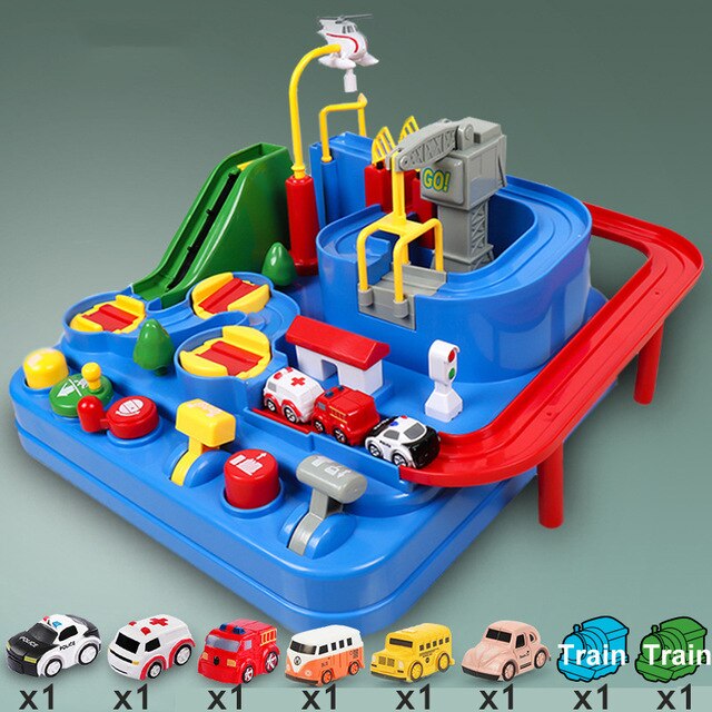 2 in 1 Manual Car Adventure Track Toys for Children Rescue Vehicles Adventure Toys Racing Tracks Rail Car Toys for Boys: Blue F Set