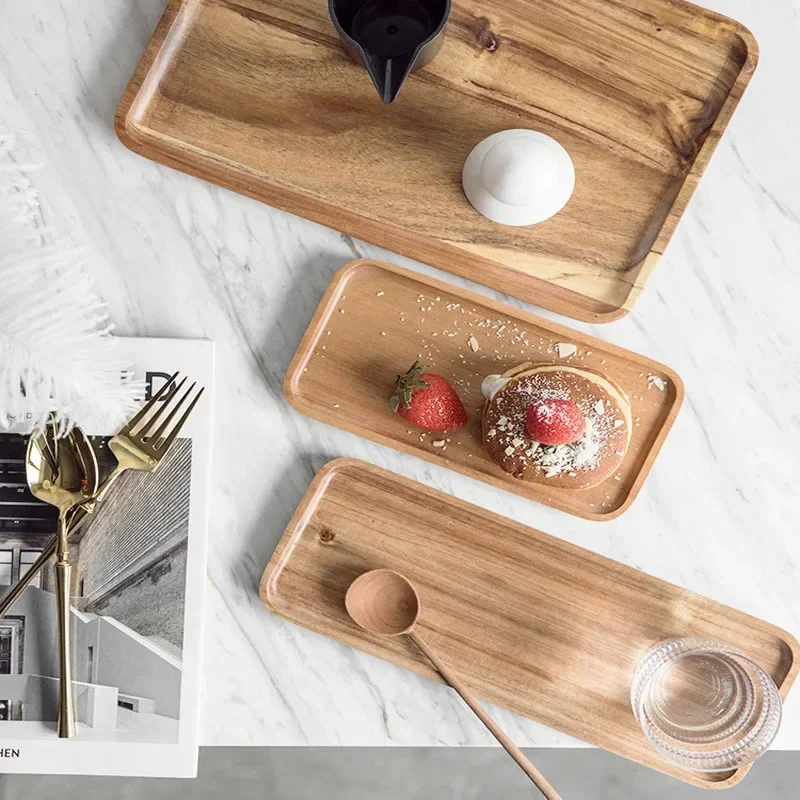 Bandeja de madera de bambú para servir fruta, postre, pastel, aperitivos, plato rectangular para dulces, bandeja de almacenamiento de alimentos, accesorios de cocina para el hogar