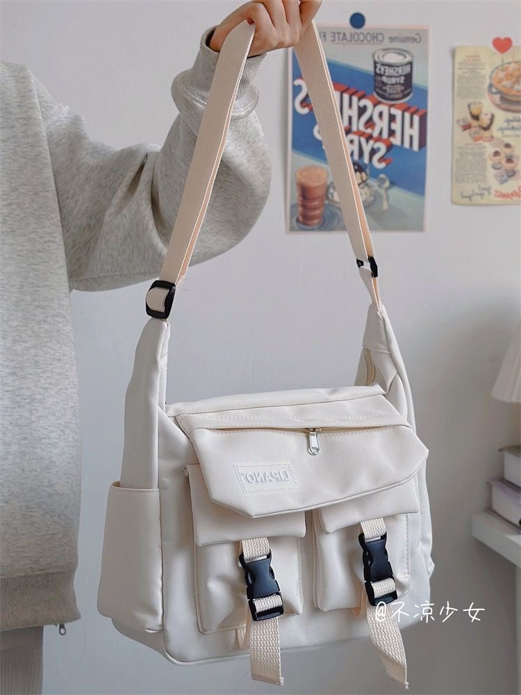 Collage-bolsas escolares para estudiantes para mujeres y hombres, bolsos cruzados de nailon con múltiples bolsillos, Bolso de mensajero para libros, verano: M / Negro