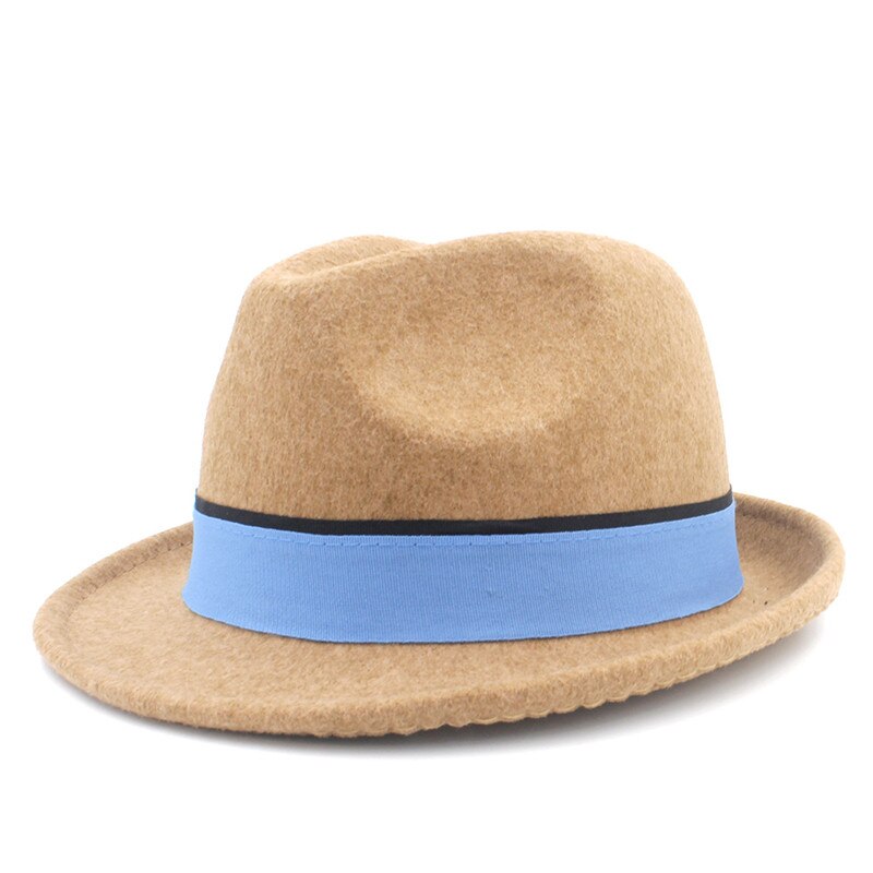 Ull kvinnor homburg fedora hatt med kort brim trilby filt båt jazz hatt med blått band bra pack  a18: Kaki