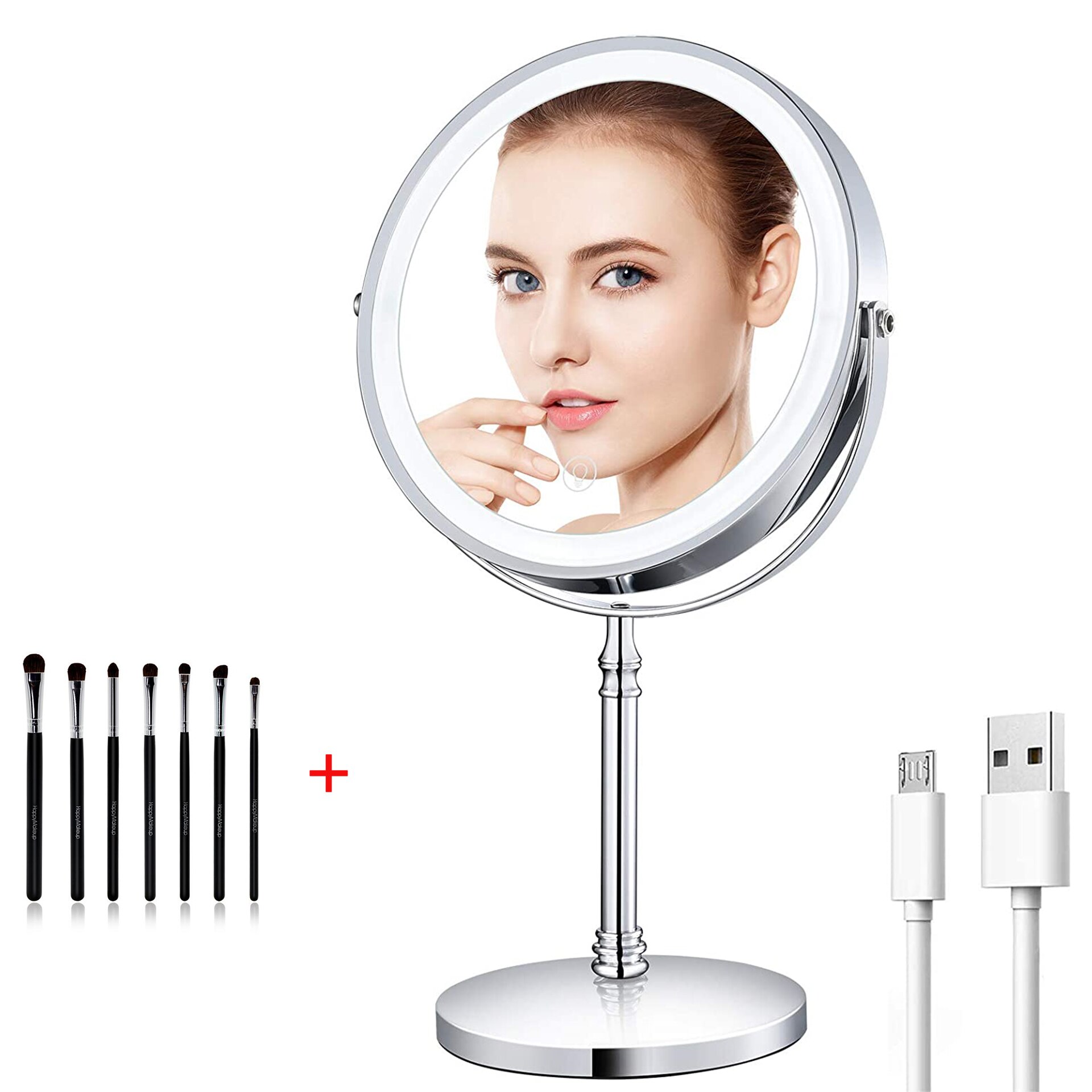 8" Lighted Makeup Mirror with Lights Double Sided Dimmable 10x Magnifying Mirror Rechargeable and Brightness Adjustable: silver with brush