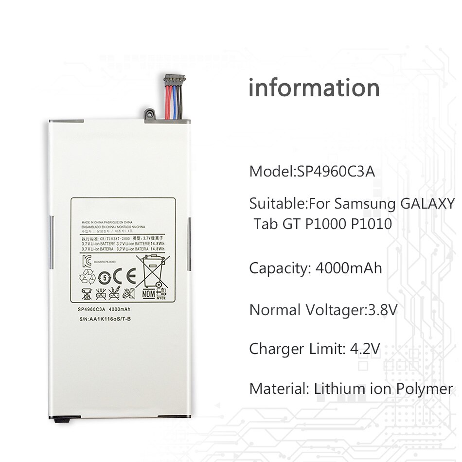 Grade A Tablet Battery For Samsung GALAXY Tab GT P1000 P1010 SP4960C3A 4000mAh