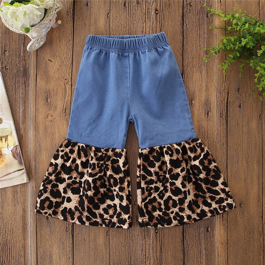 Barn sommar flickor retro leopard jean flare byxor