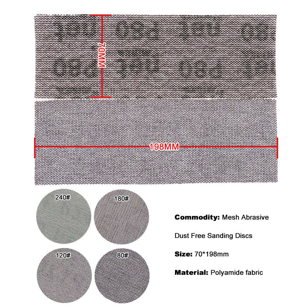 5 stk 198*70mm mesh støvfri anti-blokerende tør krog&amp;løkke slibeskiver slibende sandpapir 80#120#180#240#  bil dekorationspapir