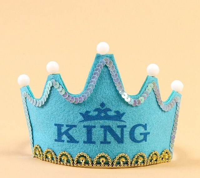 LED King Princess Happy Birthday Felt Crown Hats Baby Shower Boy Girl Birthday Party Headband Decorations Supplies: blue king