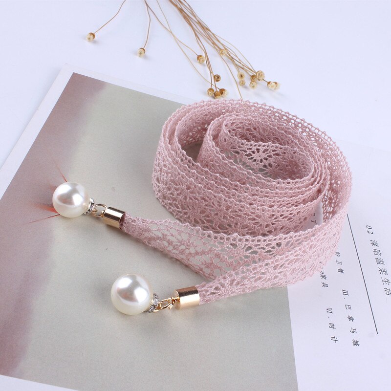 Faja hueca de encaje para mujer, Cinturón fino de perlas, cuerda para vestidos, banda de cintura de borla, cinturón con nudo decorado, cinta estrecha negra: pink