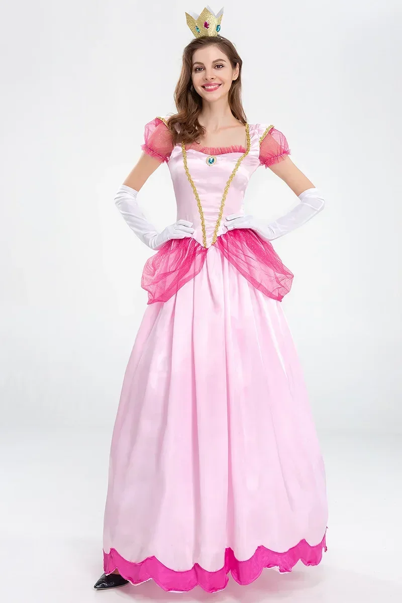 Costume da principessa peach per donna, cosplay, festa di halloween, travestimento, abbigliamento per donna, abito rosa elegante