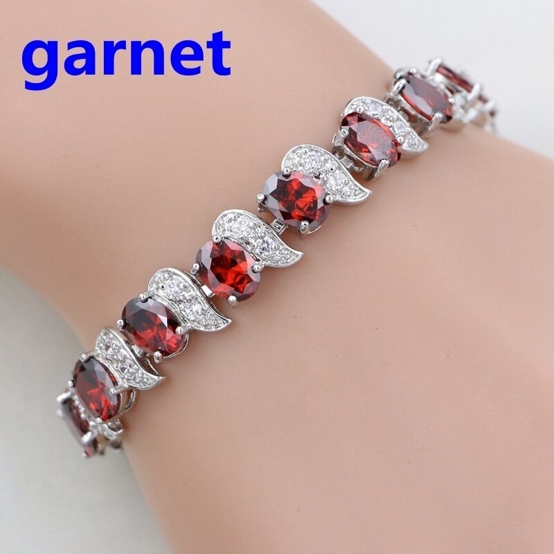 Klassieke Rode Granaat Wit Zirconia Charm 925 Sterling Zilveren Ketting Link Armband Voor Vrouwen Gratis Box: Garnet