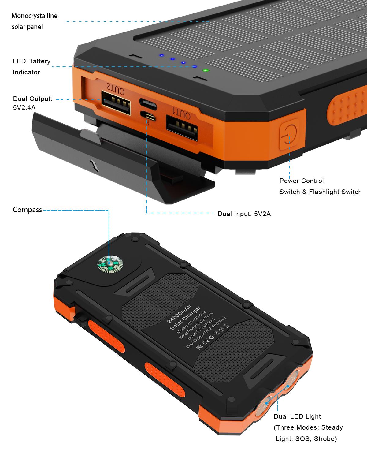 Solar Power Bank 24000mAh Wasserdichte Tragbare Solar Ladegerät mit Kompass Dual Taschenlampe und Dual USB für iPhone iPad Samsung