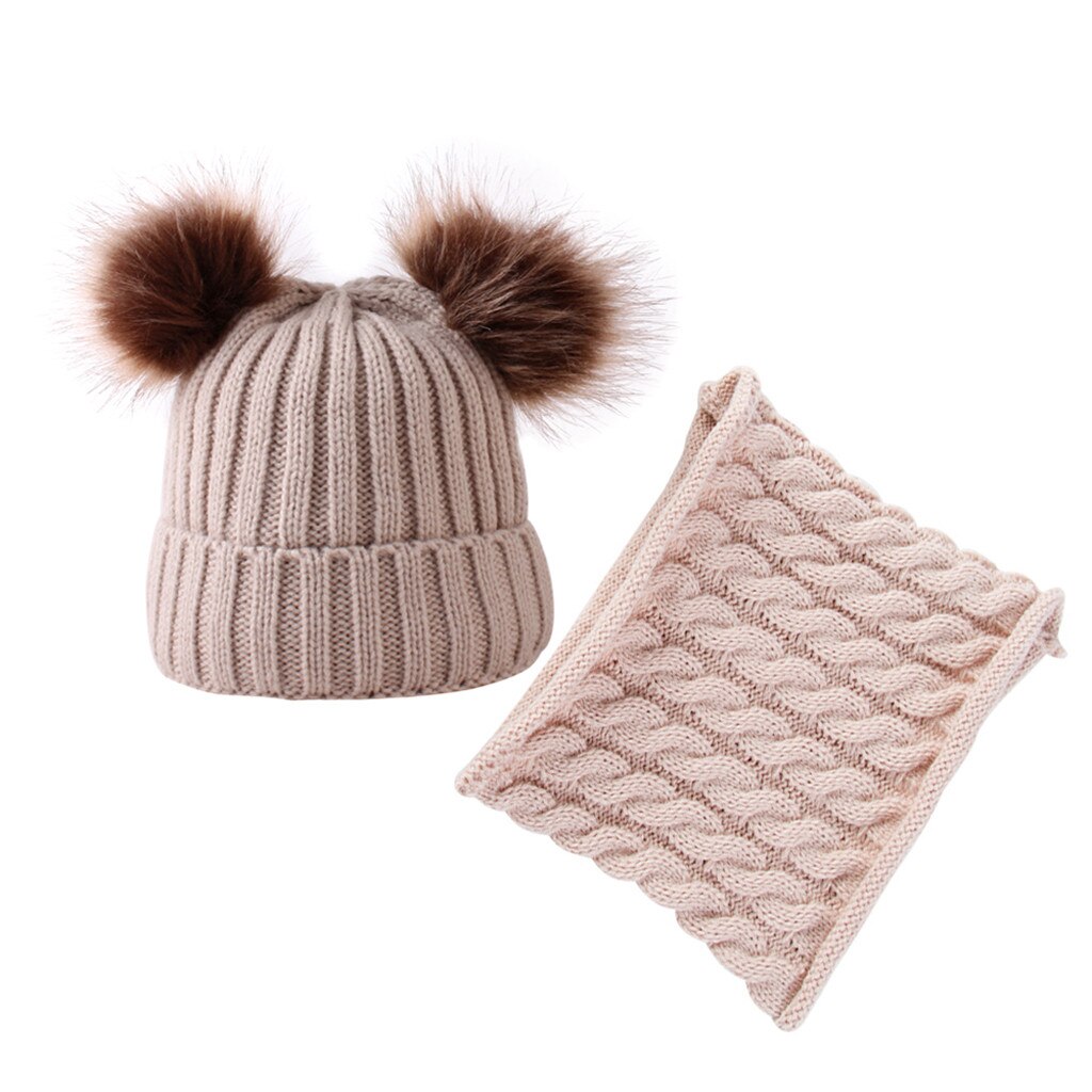 Vinter varm unisex solid två stycken stickad keps för barn med två päls boll halsduk vintermössa för jul
