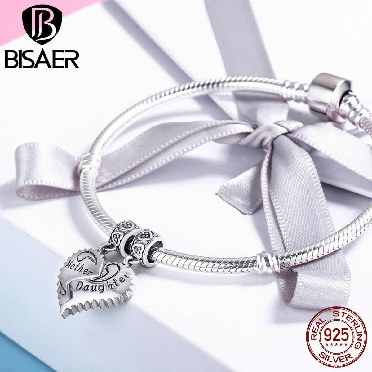 100% 925 Sterling Silver Unique Heart Pendant, Mother & Daughter Charms Fit BISAER Authentic Original Jewelry ECC427