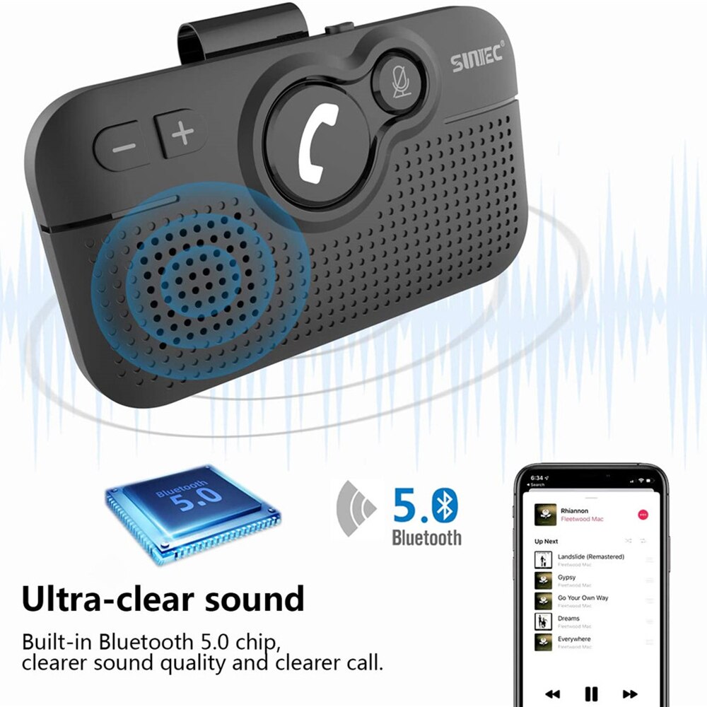 SUNITEC Handsfree Wireless Bluetooth Car Kits for Phone - Bluetooth 5.0 Speakerphone AUTO Power ON with Motion Sensor