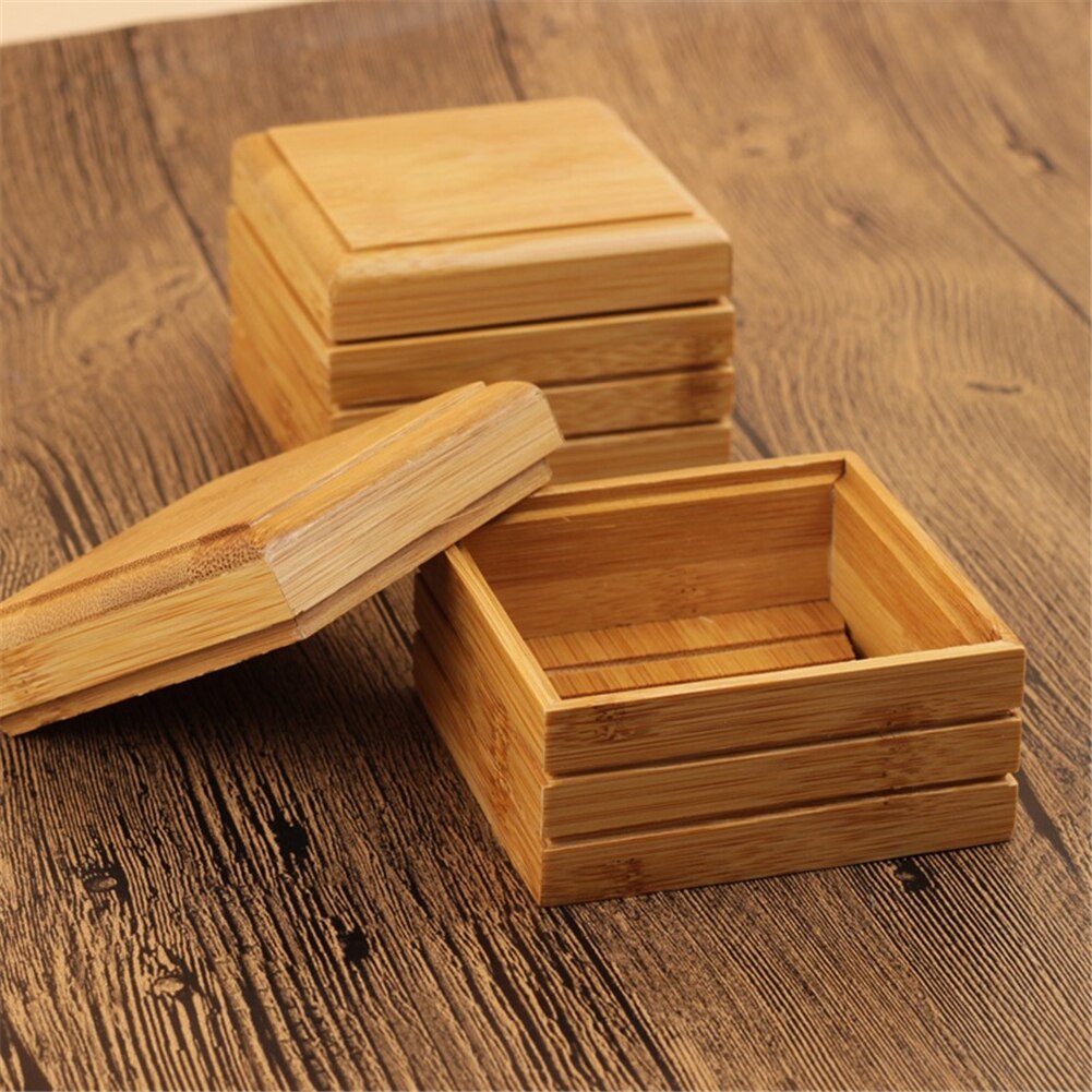 Bamboo Drain Soap Box Soap Holder Wooden Storage Box Eco-Friendly For Bathroom Products 8x8.1x5.2cm Bamboo Soap Dishes