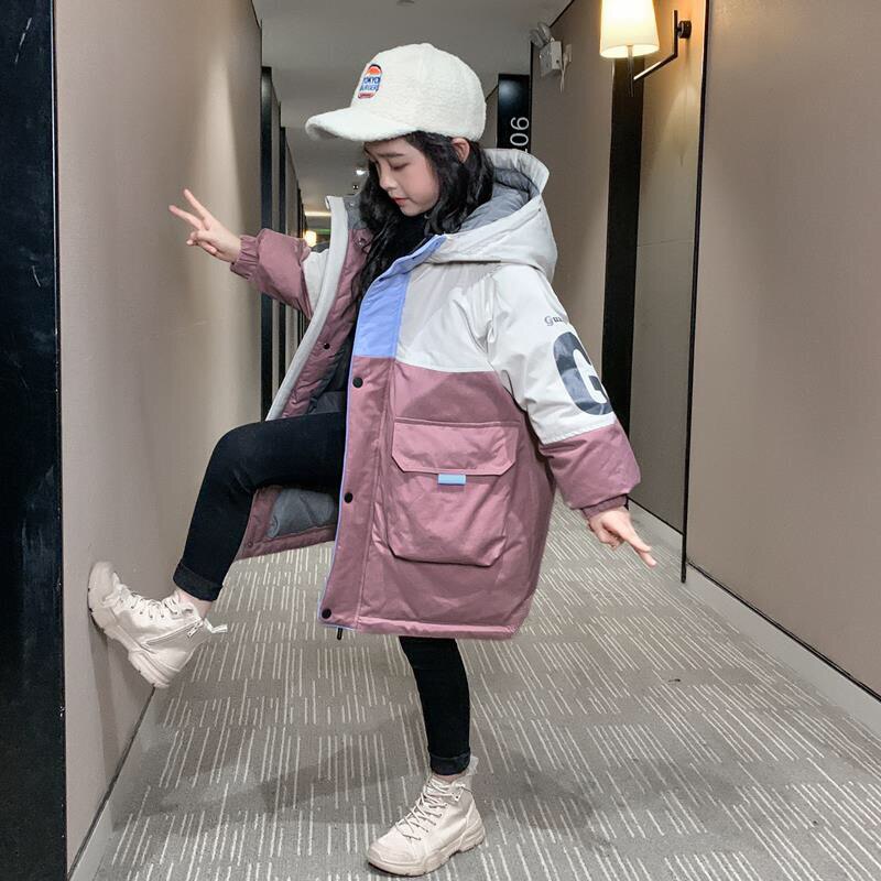 Russische wintermeisjes katoenen gewatteerde jas dikke winterparka 4-13 jaar oud grote zakken gestikte baby winterkleding: Roze / 160