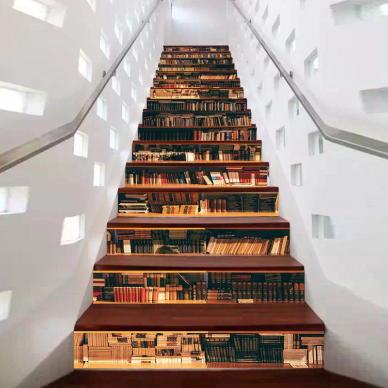 13 Uds librería de simulación 3D paisaje adhesivo para escalera Calcomanía para cocina extraíble DIY papel tapiz de decoración calcomanía escaleras Decoración