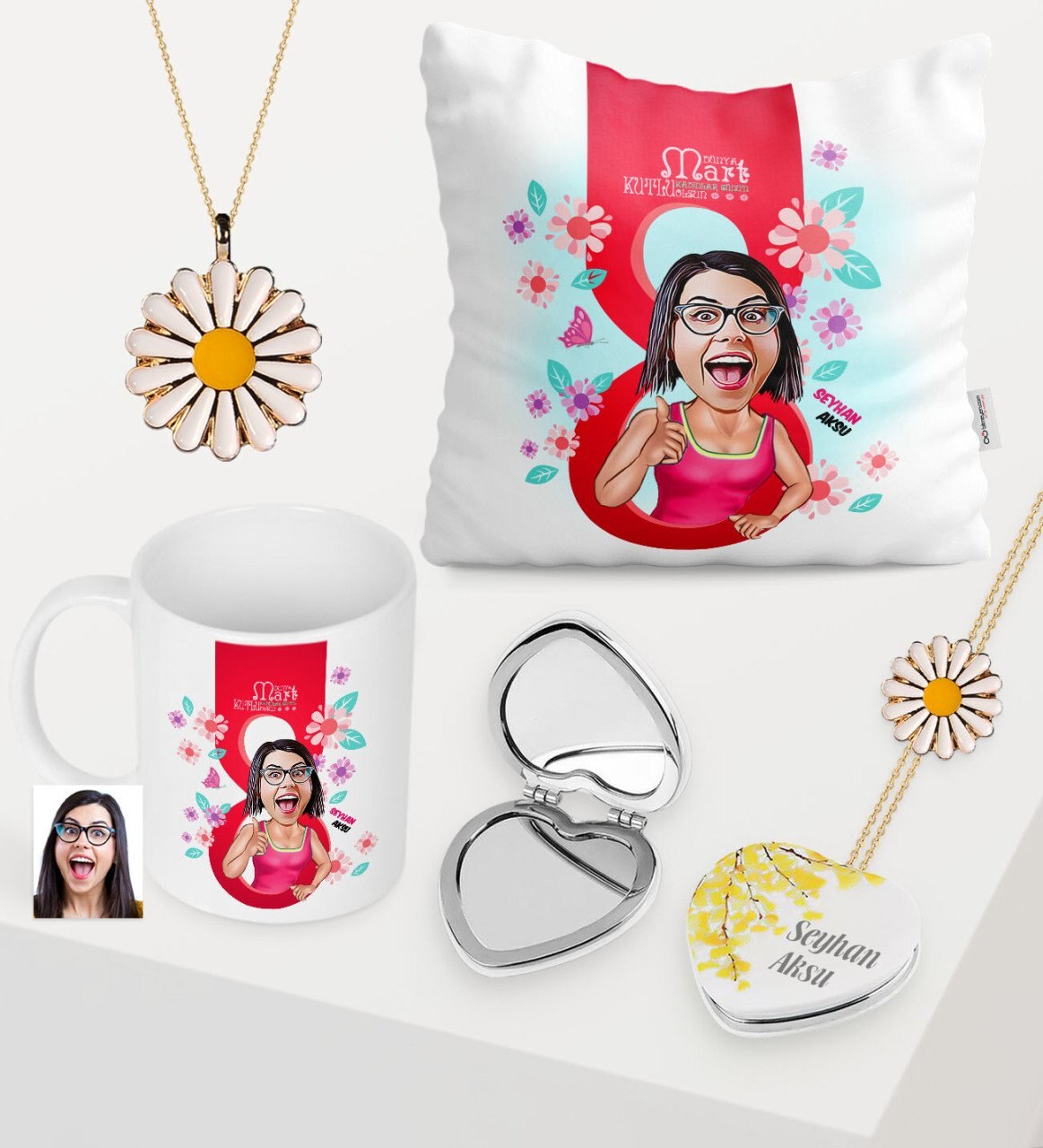 Vrouwen Custom Karikatuur Van Cup Bloemen Spiegel Kussen Daisy Sieraden Set-5: Default Title