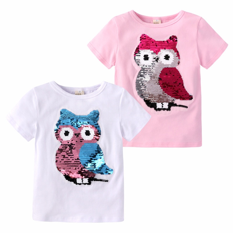 Elvesnest ugle grafisk t-shirts nyhed pailletter børn piger t-shirt bomuld korte ærmer børn pige toppe tegneserie børnetøj