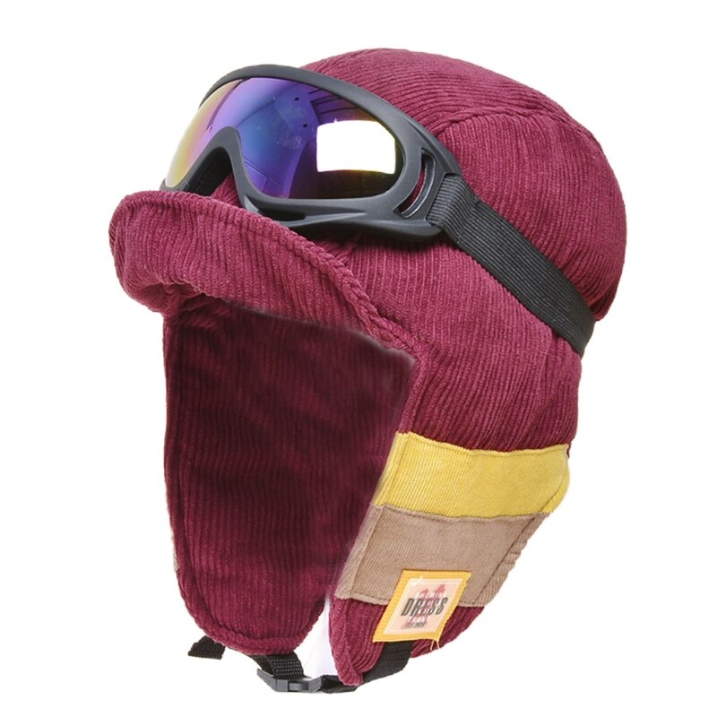Gorra de cazador de soldado de terciopelo para mujer, gorro Reversible con gafas desmontables, a prueba de viento, a rayas de bloque de color, con orejeras: 6
