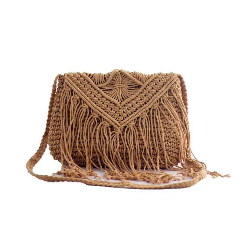 Sac de paille à pompon creux, sac de plage à rabat tissé à la main, sac à bandoulière en corde de coton