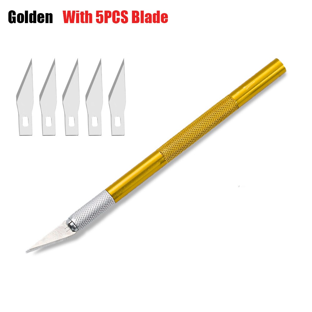DIY Art Cutting Tool Craft Cutting Kinfe with Blade Safety Cutter Paper Knife with 5pcs Blades Cutting Pen Metal Engraving Pen: golden 1 set