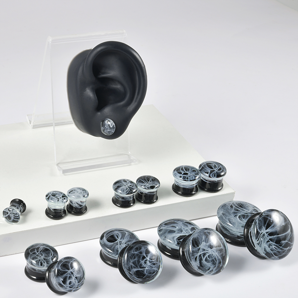 2 uds vidrio blanco ahumado doble llamarada Flashback tapón para los oídos calibre de túnel para hombres mujeres expansor de estiramiento de oreja Piercing joyería del cuerpo