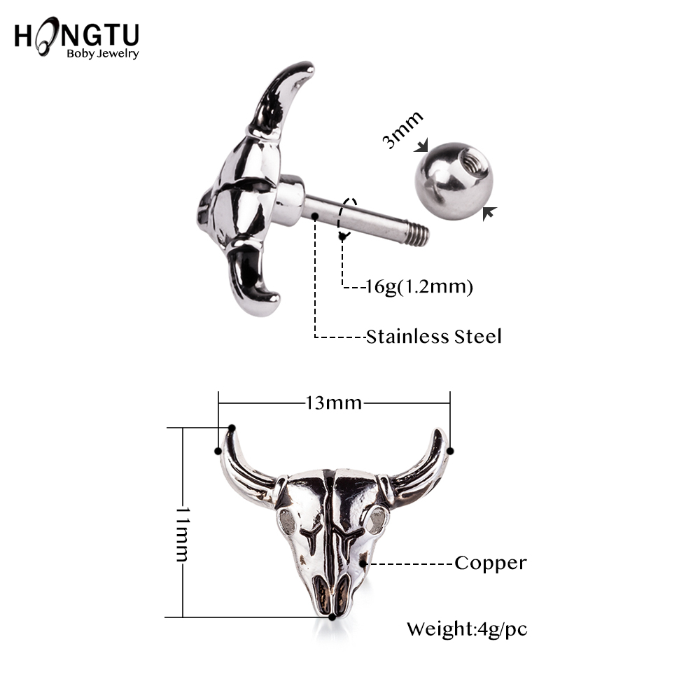 HONGTU 1 PC bull Cartilage Earring Stud Ear Helix Piercing Jewelry Tragus Copper Earrings Stud women men body Jewelry 16g: Default Title