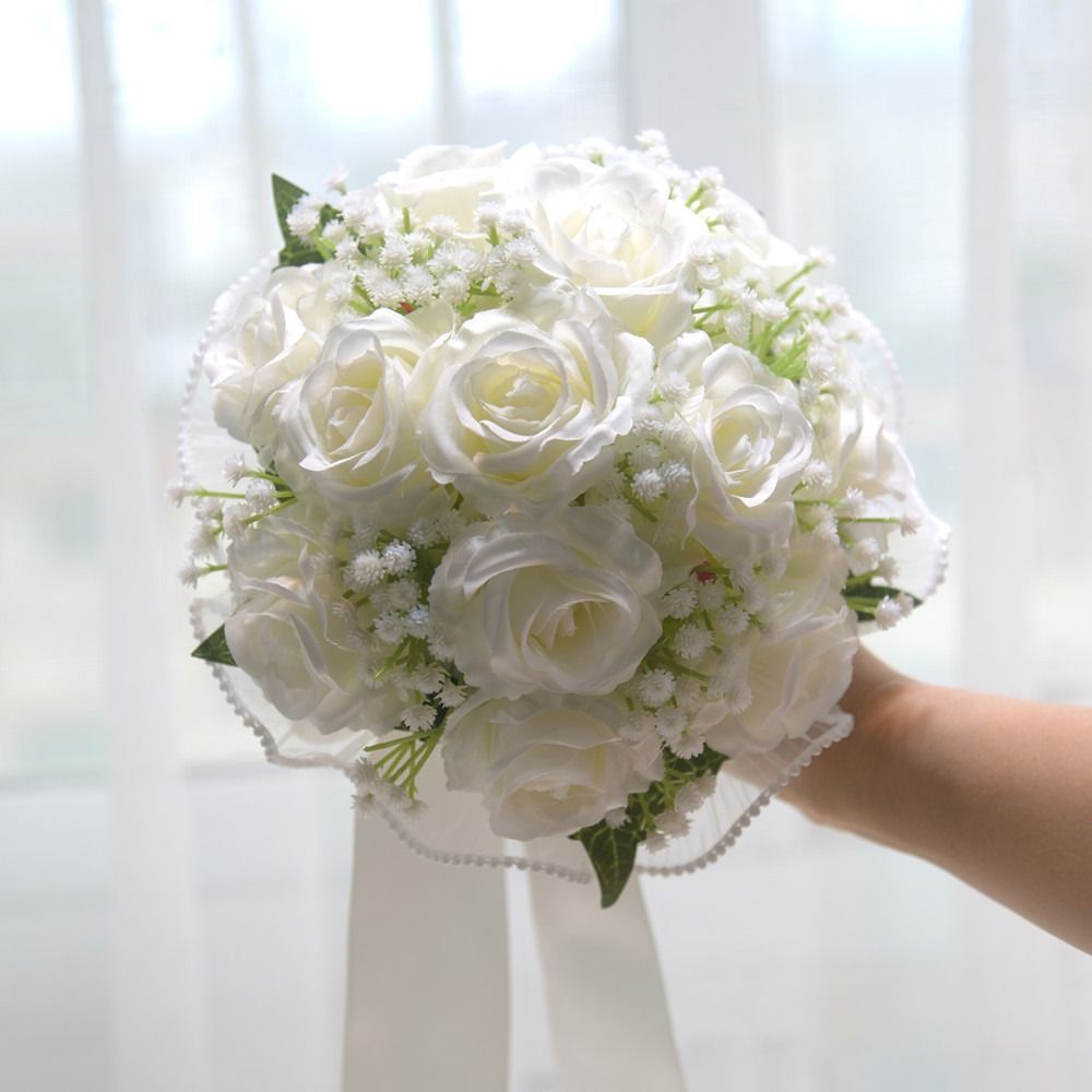 Baby's Atem Romantische Hochzeitssträuße Künstliche Seidenblumen Schleifenband Brautstrauß Exquisiter Perlen-Spitzen-Weißrosenstrauß