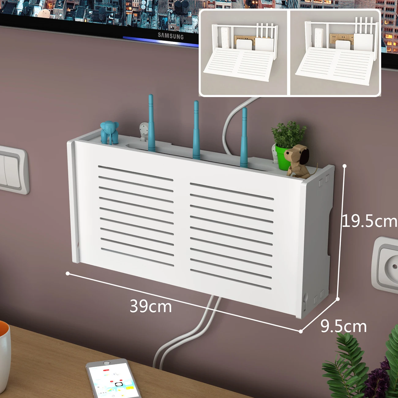 kabellos Wifi Router Lagerung Kasten Wohnzimmer Steckdose Wifi Dekoration Zauberstab-montiert TV einstellen-oben-Kasten Gestell Kabel Energie Organizer: Blau