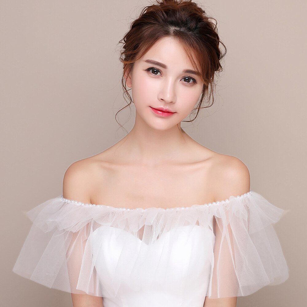 Frauen Elfenbein Hochzeit Braut wickeln Elegante Perlen Rüschen sexy schier Tüll Schal mit Band Weg Von der Schulter Stola für Formale kleid