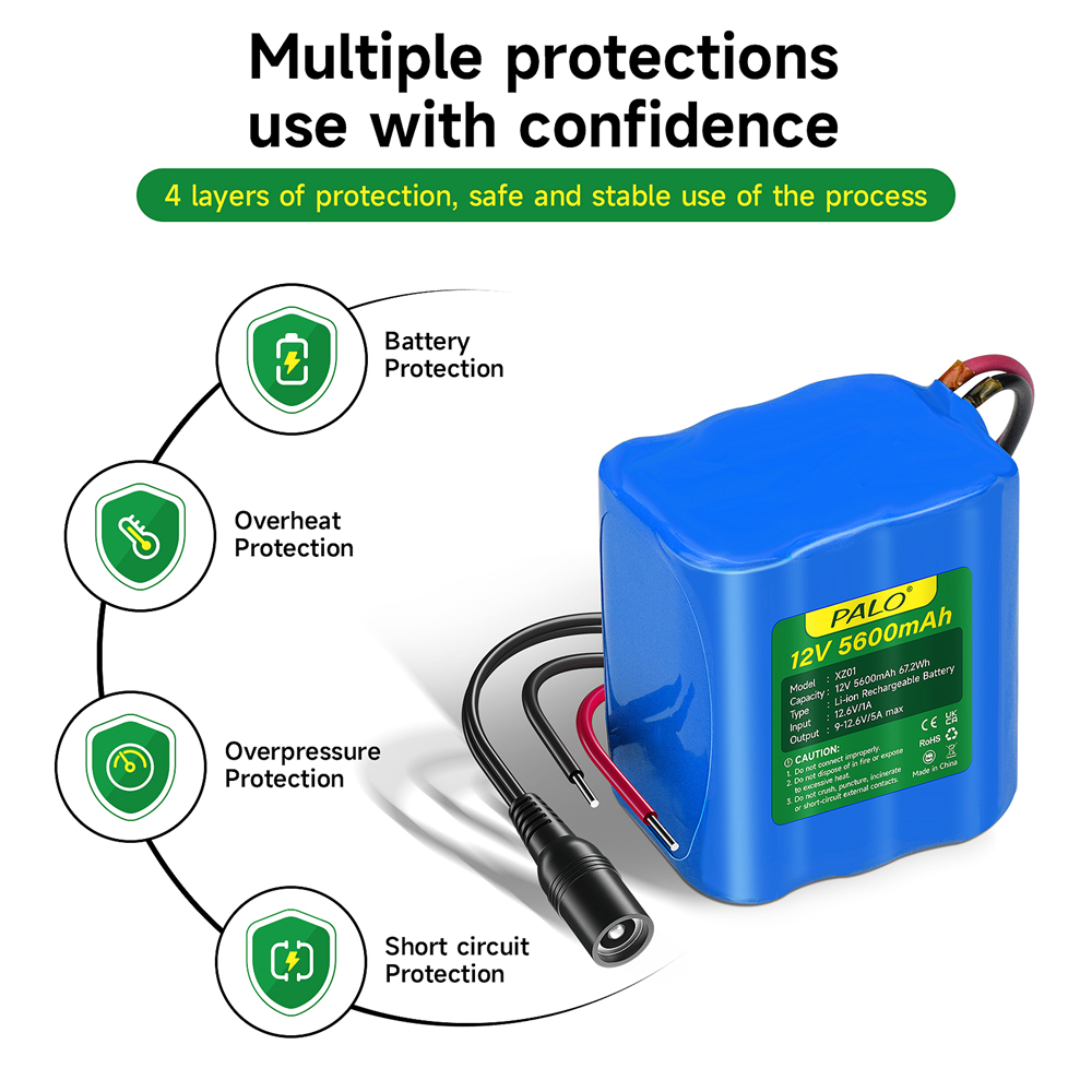 PALO 12V 5.6Ah batería recargable de iones de litio 5600mAh batería portátil para dispositivos de 12V, coche RC, barco, Robot, DlY + cargador