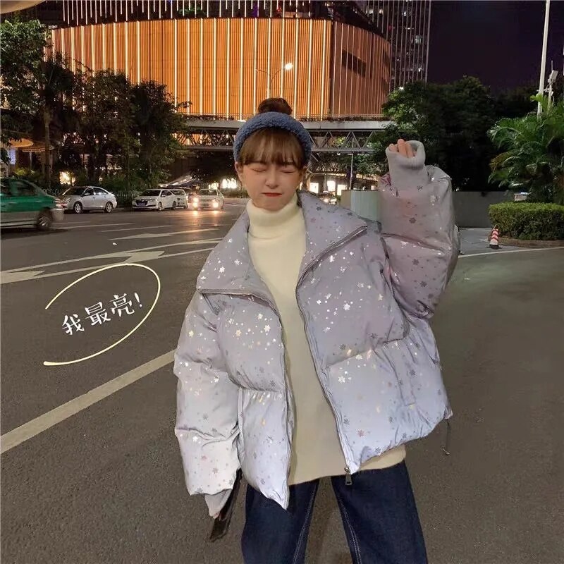 Vrouwen Winter Jas Parka Korte Vrouwen Ster Flash Jas Dames Warme Gewatteerde Jas Kleurrijke Reflecterende Glow Hooded Parka jassen: silver / M