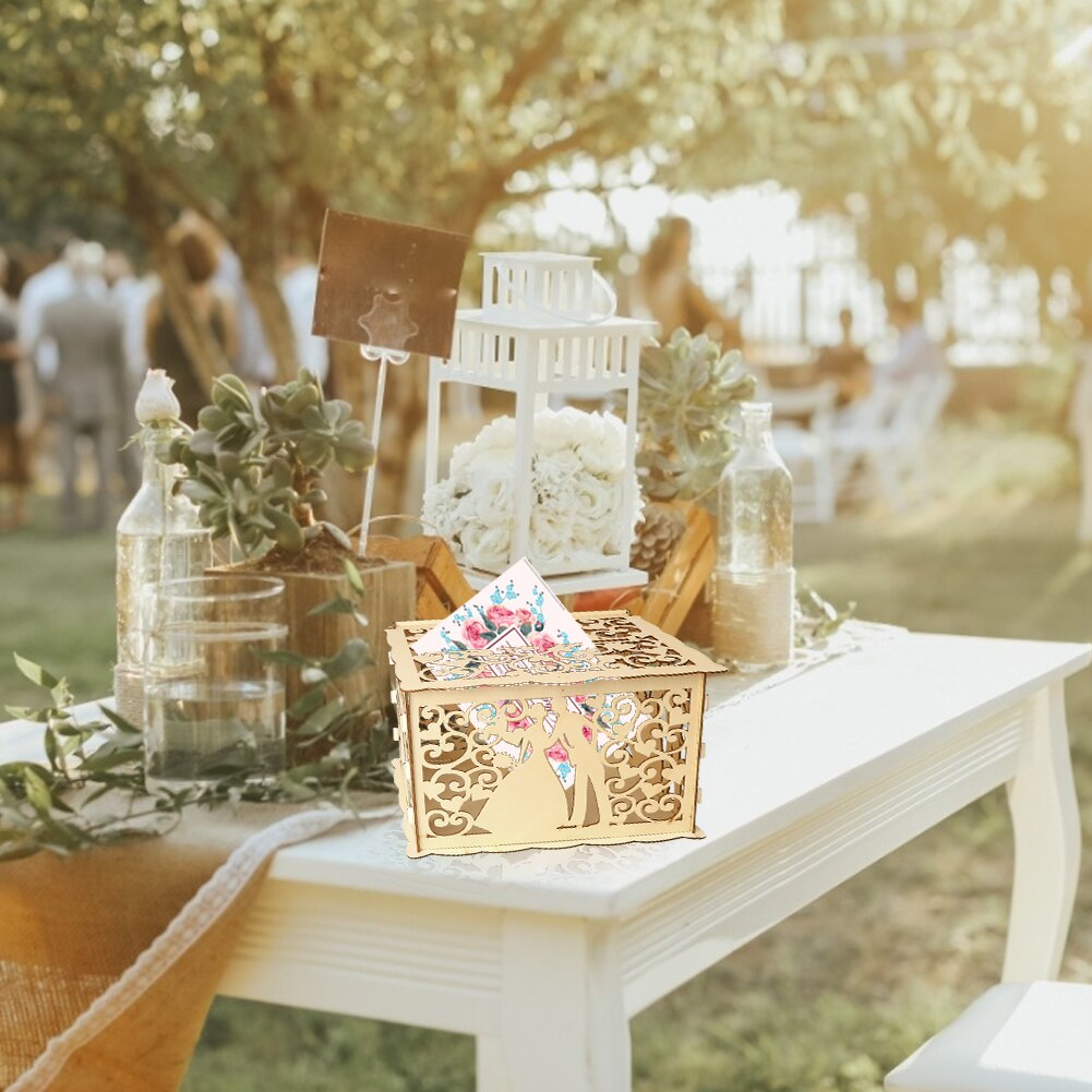 Wooden Wedding Card Boxes With Lock Mr&amp;Mrs Couple Flower Pattern Envelope Sign Cards Wood Box DIY Rustic Wedding Supplies