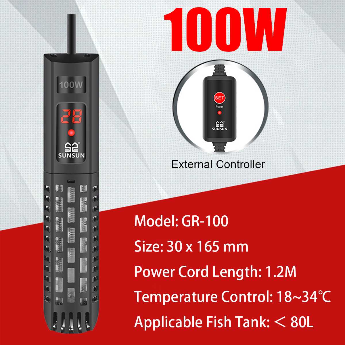 50w-500w akvarievarmestang intelligent lcd-skærm digital justerbar konstant temperaturkontrol akvariumvarmer: 100w
