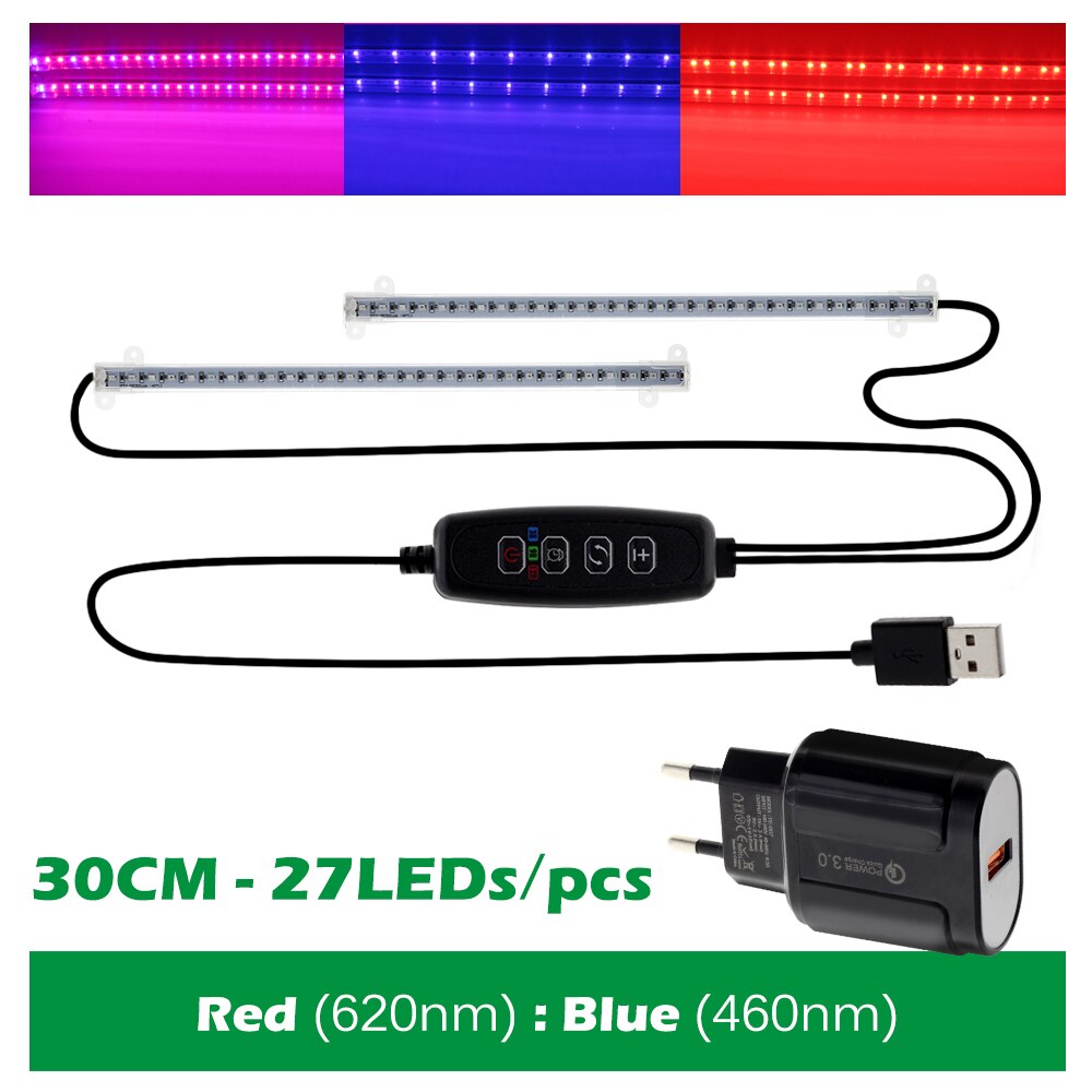 Dimmable LED Grow Light Full Spectrum USB Indoor Plant Growth Lights Strip with Controller LED Bars for Greenhouse Veg Seedlings: RB-30cm EU Adapter