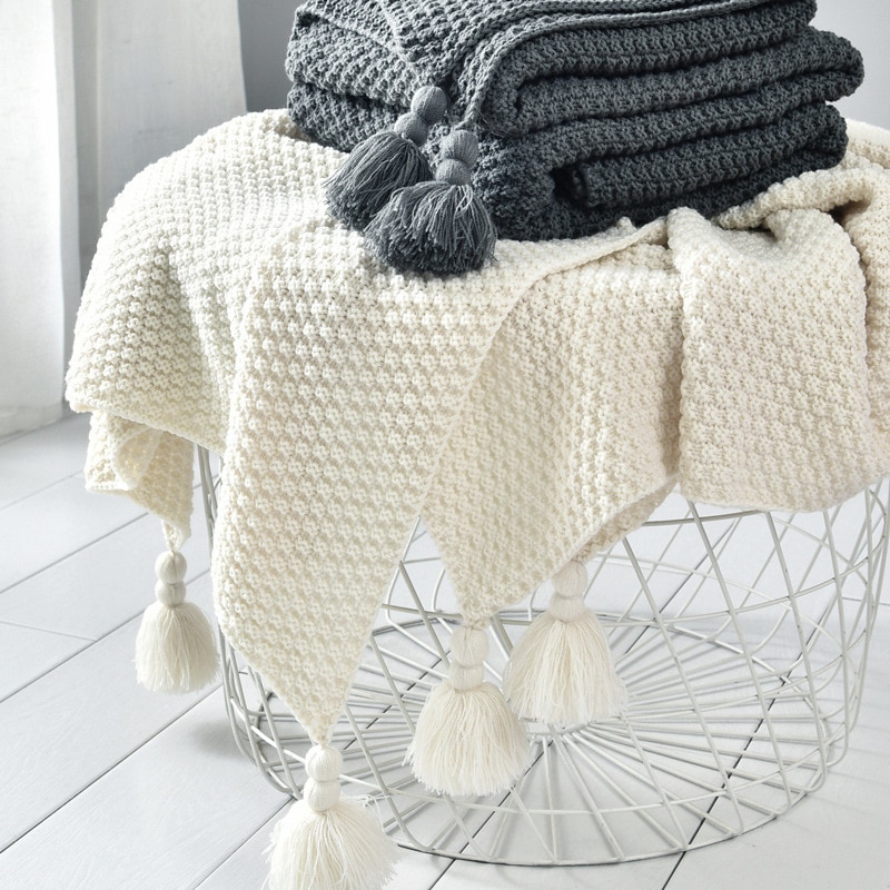 Nordic Thread Blanket with Tassel Solid Beige Grey Throw Blanket for Bed Sofa Home Textile Cape Knitted Wool Blanket