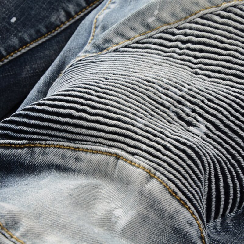 Sokotoo mænds malede blå plisserede biker jeans til motorcykel slim fit plus størrelse stretch denim bukser