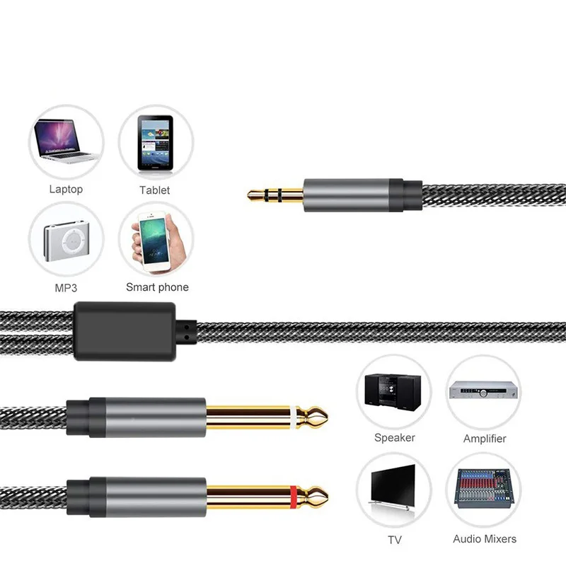 3.5mm to Double 6.35mm TRS Cable AUX Male Mono 6.35 Jack to Stereo 3.5 Jack Audio Cable for Mixer Amplifier 6.35mm Adapter
