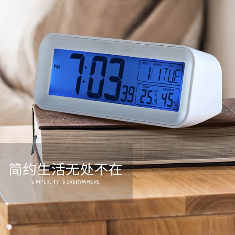 Mærke batteri strøm 12/24 timer snooze vækkeur, blå baggrundsbelysning temperatur luftfugtighed stort antal display bordur