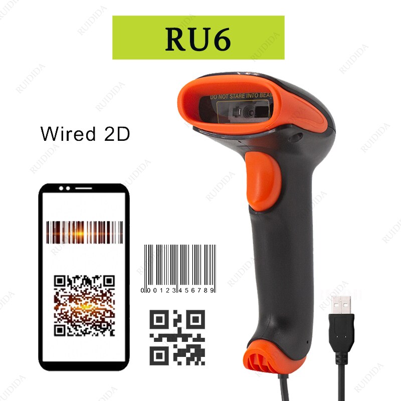 Draadloze Scanner 2D Barcode Scanner Draagbare Draadloze 2d Scanner Wired Handheld Qr Scanner Bluetooth Code Bar Scanner Met Stand: RU6 Wired