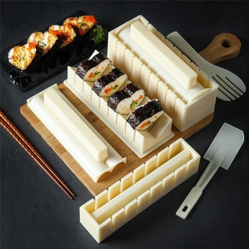 10Pcs/Set DIY Sushi Maker Kit Kitchen Sushi Tool Making Machine Roller Rice Mold Sushi Vegetable Meat Rolling Gadgets