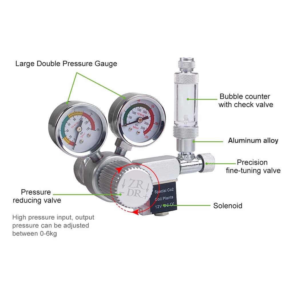 Aquarium CO2 Regulator with Check Valve Bubble Counter Magnetic Solenoid Valve Aquarium CO2 Pressure-reducing Valve